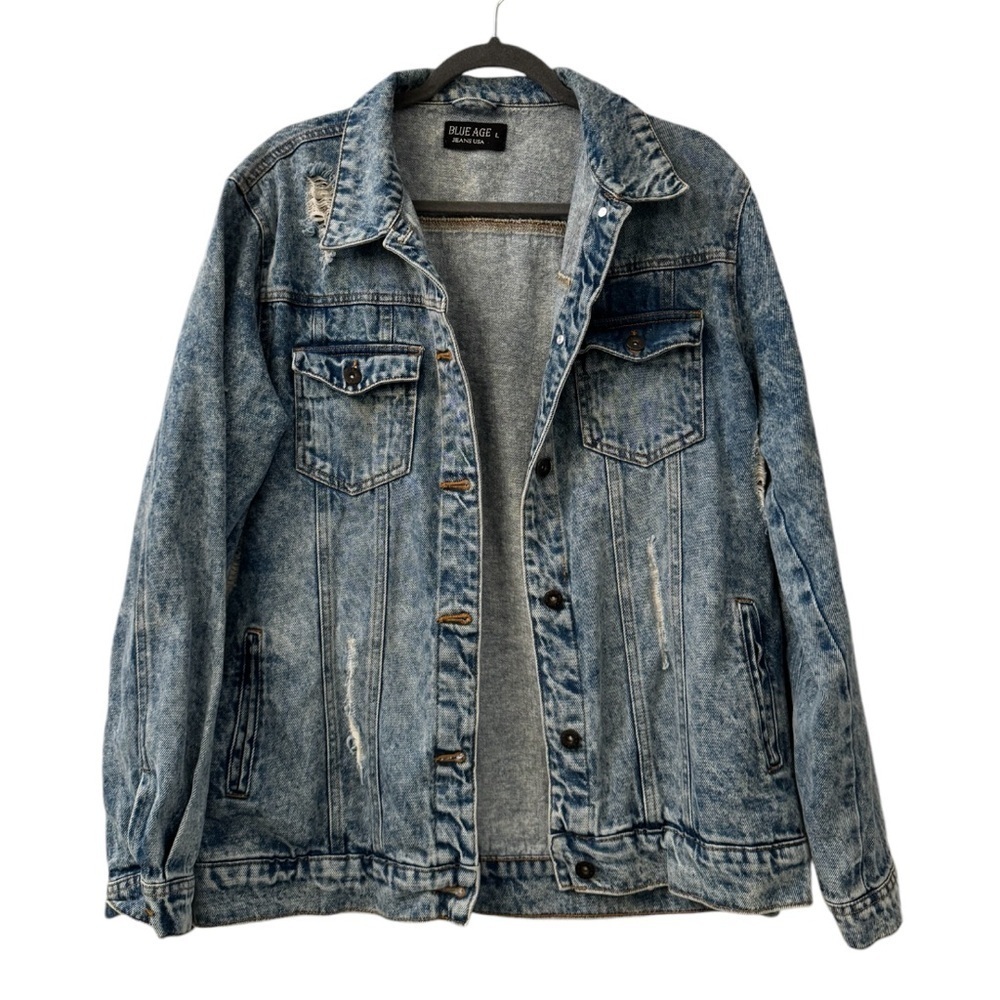 Blue Age Men’s Distressed Denim Jacket, Acid Wash, Size Large, 100% Cotton